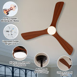 Garvee 52in Ceiling Fan with Lights & Remote, Quiet Reversible DC Motor - 6-Speed Airflow, 24W Dimmable LED (3 CCT) - Solid Wood Blades, Indoor/Outdoor - Brown/Black