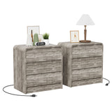 Garvee Fluted Nightstand Set of 2 with Charging Station, 3 Drawers, Gray - Gray|2 Pack