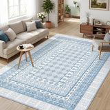 Garvee 5x7 Bordered Living Room Rugs, Washable Geometric Non Slip Area Rug for Bedroom, Indoor Modern Low Pile Ultra Thin Large Under Table Carpet for Dining Room Farmhouse, Blue - Rice Camel