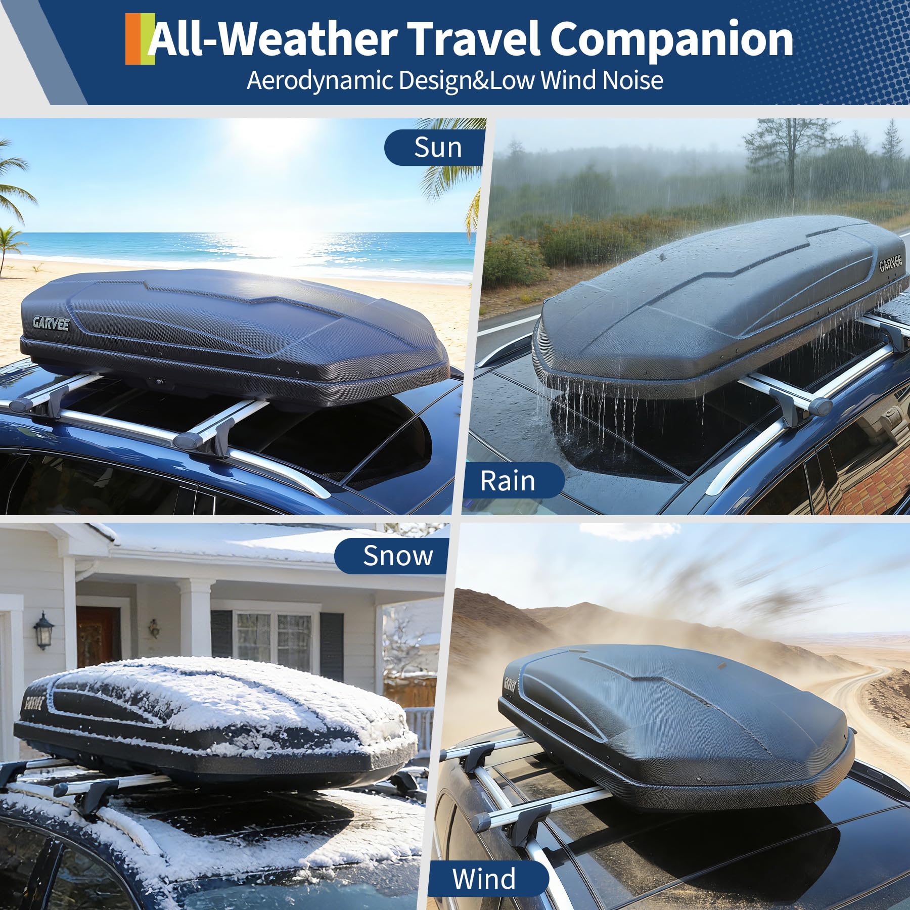 black rooftop cargo box designed for universal fit and aerodynamic travel