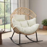Garvee Wicker Rocking Egg Chair, Oversized Ergonomic Rattan Lounge Rocker with Extra-Soft Pillow and Thick Cushion for Indoor & Outdoor, Living Room, Backyard & Garden – Cream Cushion, Natural Wicker Frame - White|Rocking Chair