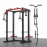 Garvee Power Cage, All-in-1 Home Gym with LAT Pulldown & Cable System, 2000LBS Squat Rack for Home & Garage & Apartment Use, Workout Cage with More Attachments (Red) - Orange + Black