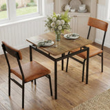 Garvee Space-Saving 3 Piece Dining Table Set for 2 – Sturdy Metal Frame, Wooden Table, 2 PU Upholstered Chairs – Modern Industrial Kitchen or Dining Room Furniture – Ideal for Apartments, Small Spaces – Brown Wood Grain, Brown PU