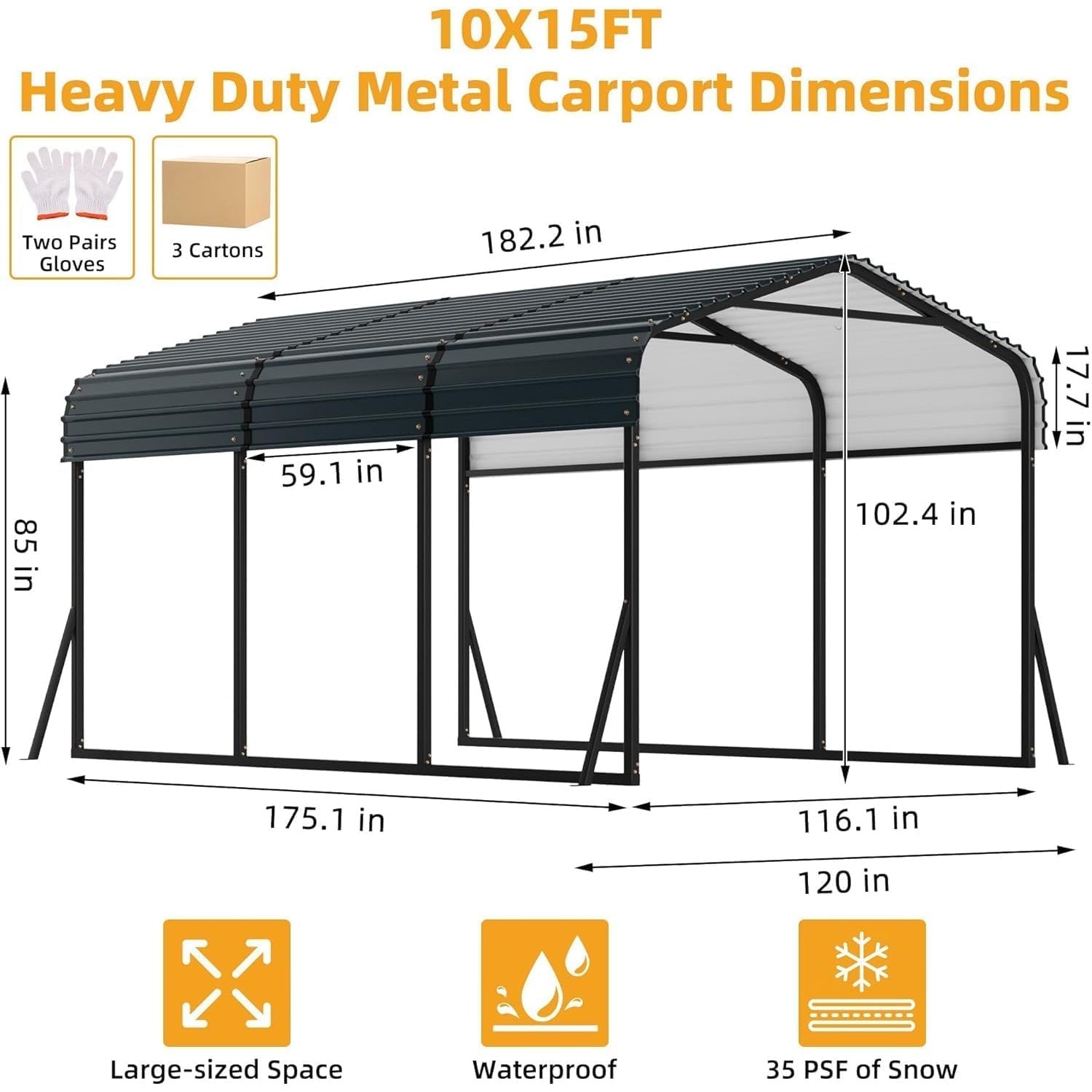 10 × 15 ft metal carport dimension diagram with labeled length, width, height and snow load