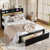 Garvee Rattan Platform Bed Frame with Storage Drawer & LED Lights, Headboard Shelf + Charging Station, Wooden Slat Support, No Box Spring Needed - Full, Black - Black