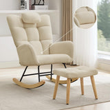Garvee Ergonomic High Back Padded Rocking Chair with Footstool, Soft Cushion Comfortable Rocker, Durable Steel Frame Wooden Leg Non-Slip Rocking Chair for Living Room - Beige With Ottoman