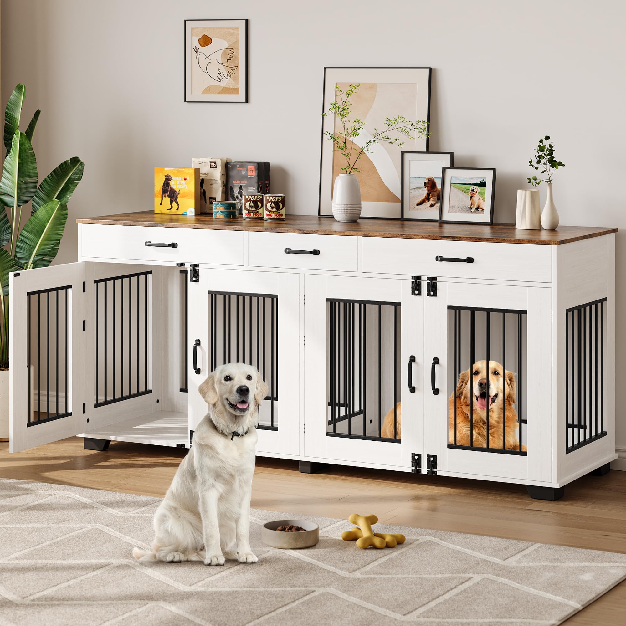 DOG DEPT オリジナル ウッドクレート Garvee 71-Inch Large Dog Crate with Divider and 3 Drawers, Double