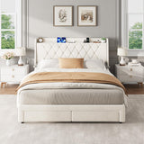 Garvee Velvet Upholstered Platform Bed Frame with Diamond Tufted Headboard, 2 Storage Drawers, Built-in Charging Station, Sturdy Wooden Slats, Noise-Free, No Box Spring Needed - Modern Bedroom Furniture, FULL light beige - Beige