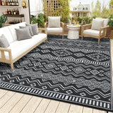 Garvee Outdoor Rug Waterproof 8x10 Reversible Boho Outside Rug, Lightweight & Foldable Geometric Patio Carpet, Plastic Straw Indoor Outdoor Mats for Picnic Deck Balcony, Black White - Black & White
