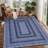 Garvee Modern Bordered 9x12 Area Rugs for Living Room, Washable Non Slip Geometric Bedroom Rugs, Soft Low Pile Ultra Thin Large Throw Carpet for Dining Room Office, Minimalist Home Decor Rug, Blue - Blue