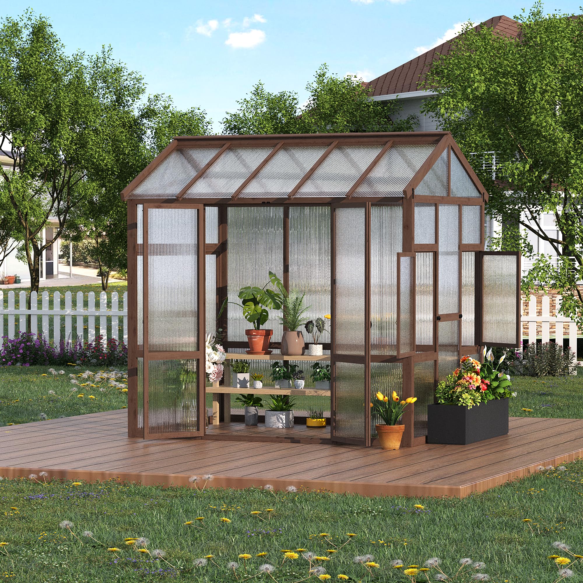 Garvee Heavy Duty Wooden Greenhouse 6x8 FT with 6mm Polycarbonate