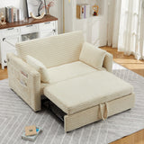 Garvee Convertible Corduroy Loveseat Sleeper Sofa Bed, Adjustable Backrest, Pull-Out Bed, Built-in Charging Station, Side Pockets - Perfect for Living Room, Bedroom, Apartment - Beige - White