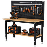 Garvee Heavy-Duty Adjustable Height Workbench, 60 x 22 in Work Table with Pegboard - Wood Top, Steel Frame & Storage Shelf for Garage/Workshop - Color: Black