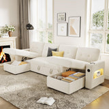 Garvee Modular Sofa with Storage, 107" Sleeper Sofa Bed Sectional Cloud Couch, U-Shaped Velvet Fabric Couch with USB Charging & Cup Holder for Living Room, Apartment, Office, Beige - Beige|Flannel