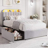 Garvee Velvet Upholstered Twin Bed Frame with Storage Headboard, 2 Drawers, LED Lights, Bookcase Shelf, Noise-Free Design, Easy Assembly, No Box Spring Required - Gray, Twin Size - Grey