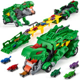 Garvee Transforming Dinosaur Carrier Truck Playset – 12 Dinosaur Cars, Collapsible 3-Layer Deformed Track, Car Eject and Stomp Action, Fun Toy for Kids Ages 3+, Green - Green