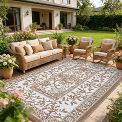 Garvee Reversible Outdoor Rug 8x10ft, Brown/White - Waterproof UV-Resistant Plastic Mat, Easy Clean, Low Pile Portable Carpet for Patio, Garden, Camping - Brown