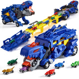 Garvee Transforming Dinosaur Carrier Truck Playset – Includes 12 Mini Dinosaur Cars, Collapsible 3-Layer Deformed Track, Car Eject Feature, Exciting Kids Toy Truck for Ages 3+, Blue - Blue