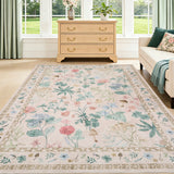 Garvee 9x12 Washable Floral Area Rug, Non-Slip Low Pile Rug, Stain Resistance Carpet for Living Room, Bedroom, Dining Room, Beige - Beige