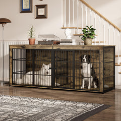 Garvee Heavy Duty Wooden Dog House Furniture – Extra Large 4-Door Kennel, Storage, End Table TV Stand, Adjustable Feet, Vintage Tiger Wood, 7.9ft - Vintage Tiger Wood