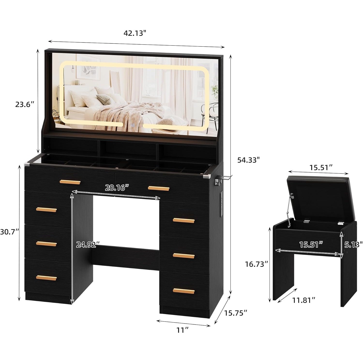 Garvee Vanity Desk with Mirror and Lights, Makeup Dresser for Bedroom, 8 Drawers, Black