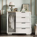 Garvee 43.3" H Armoire Wardrobe Closet with 4 Drawers and Hanging Rod, Multifunctional Wood 4 Drawers Dresser with Storage Closet, Clothing Storage Cabinets for Bedroom, White - White