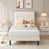 Garvee Twin Size Platform Bed Frame with Button Tufted Headboard,Velvet Upholstered Bed Frame with Wooden Slats Support, No Box Spring Needed, Noise-Free, Easy Assembly - White & Black Trim