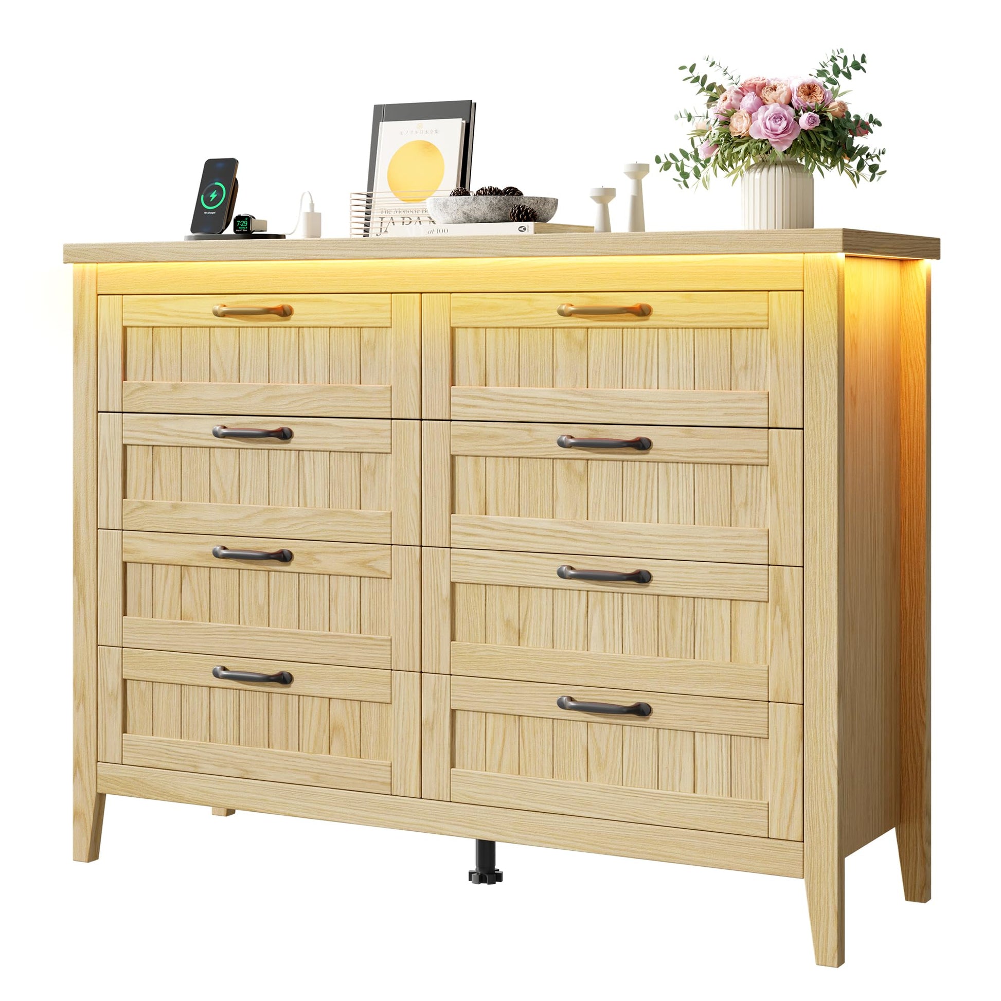 Garvee 8 Drawer Dresser With LED Lights & Power Outlet For Bedroom, Wide Wooden Chest, Natural Wood Color, Eight-Drawer Cabinet