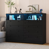 Garvee Black 8-Drawer Wooden Dresser with LED Lights & Charging Station – Modern Wide Entryway Cabinet, 55'' TV Stand for Bedroom, Living Room, Hallway – AB box black - Black