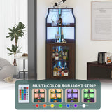 Garvee Space-Saving 5-Tier Corner Wine Bar Cabinet with Barn Door - Adjustable Shelves, Built-In Glass Rack, Metal Frame Liquor Storage for Home Bar Kitchen Dining Living Room - Tiger Wood - Rustic Brown