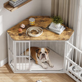 Garvee Space-Saving Corner Dog Crate Furniture – Wooden Indoor Kennel End Table with 360° Rotating Door, Stainless Steel Feeding Bowls, Decorative Design for Small Dogs, Washed White, Classic + Washed White + White Iron Frame - Washed White