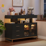 Garvee LED Buffet Cabinet with Charging Station – Dimmable 20-Color RGB Auto detector Light – Modern Sideboard Coffee Bar with 3 Drawers & 2 Doors – Storage for Living Room, Dining Room, Kitchen – Black Wood Grain - US Standard