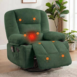 Garvee 360° Swivel Rocker Glider Recliner Chair for Adults - Extra Wide Manual Recline - Vibration Massage & Heat - Cup Holder + Side Storage - Green Corduroy - Corduroy|Green