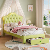 Garvee LED Light Upholstered Bed Frame for Kids & Teens – Crystal Tufted Adjustable Velvet Headboard, Storage Drawer, Noise-Free Wood Slats, Easy Assembly, Twin Size, Avocado Green - Avocado Green