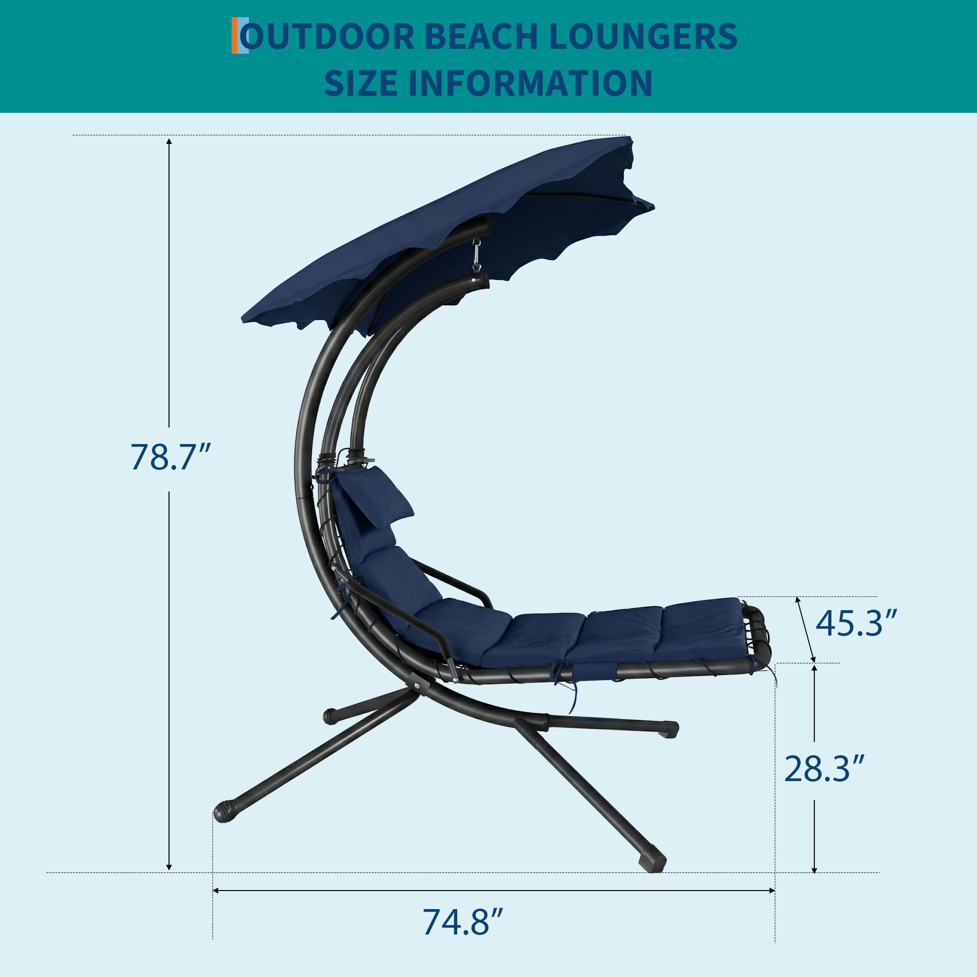 Navy hanging chaise lounge dimension diagram showing 74.8 inch length, 45.3 inch width and 78.7 inch height