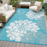 Garvee Large Outdoor Rug 9x18 Waterproof Reversible Floral Design Plastic Straw Foldable UV Resistant with Stakes for Patio Deck - Light Blue