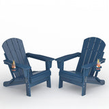 Garvee Navy Blue HDPE Adirondack Chairs Set of 2, Foldable Wood-Grain Patio Chairs with Cup Holders, Navy Blue - Navy Blue