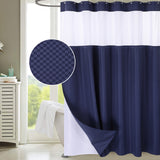 Garvee Navy Extra Long Fabric Shower Curtain with Snap-In Liner & See-Through Top – Plaid Textured Jacquard, Heavy Duty, Water Resistant, Washable – For Showers & Bathtubs, 72 x 78 Inches