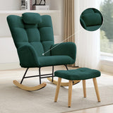 Garvee Ergonomic High Back Padded Rocking Chair with Footstool, Soft Cushion Comfortable Rocker, Durable Steel Frame Wooden Leg Non-Slip Rocking Chair for Living Room - Green With Ottoman