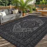Garvee Reversible Waterproof Outdoor Rug - Vintage Medallion Plastic Straw Patio Carpet - UV Resistant, Easy to Clean, Large Mat for Patio, RV, Camping, Deck, Backyard, Beach - Black and Gray, 9x12ft - Black & Gray