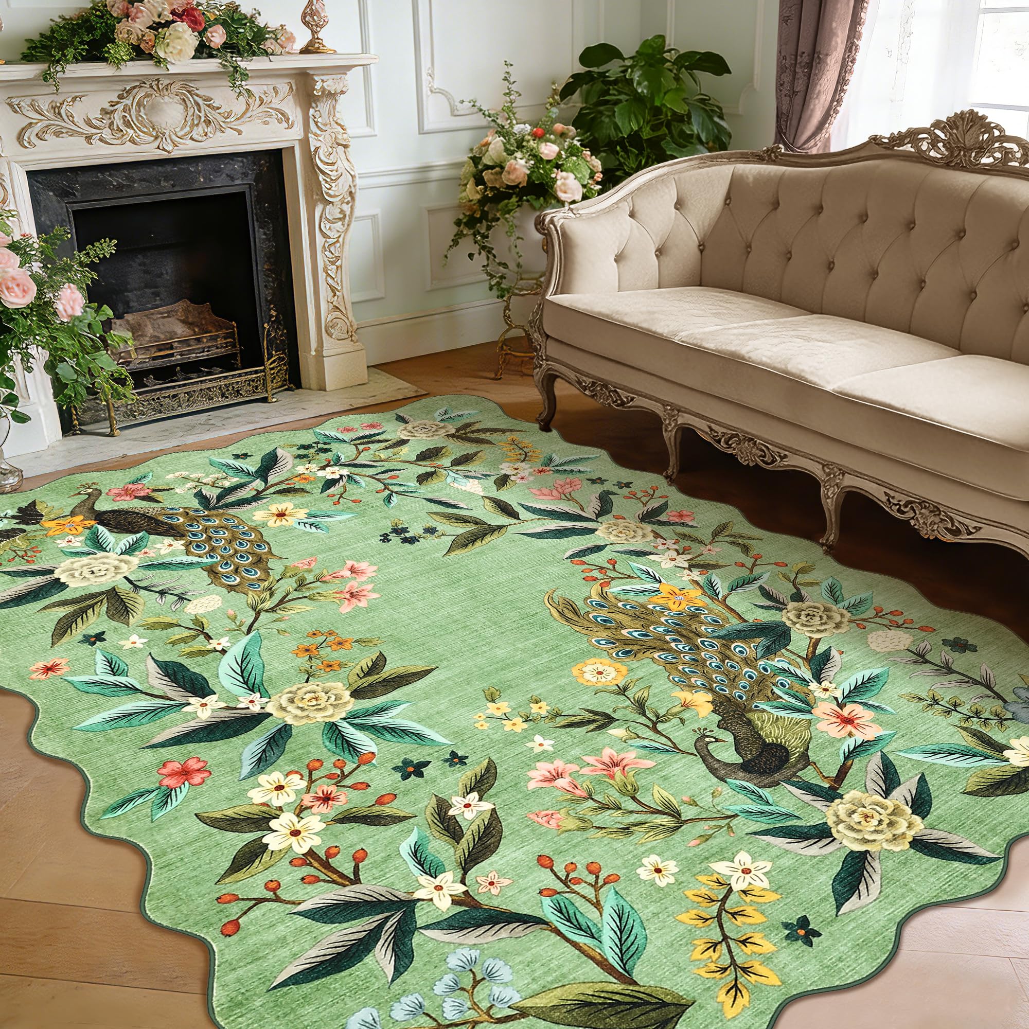Garvee Scalloped Green Area Rug Floral Peacock Pattern Non-Slip Washab