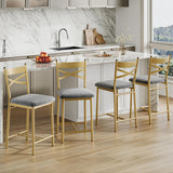 Garvee Modern Velvet X-Back Bar Stools Set of 4 – Upholstered Padded Seat, Counter Height, Sturdy Metal Frame, Footrest – Ideal for Kitchen Island, Dining Room, Home Bar – Grey and Gold Color