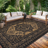 Garvee 8x10 Outdoor Rug Waterproof Reversible Plastic Straw Vintage Medallion Design Polypropylene Non-Slip Patio Camp RV Mat Balcony Deck - Black & Brown
