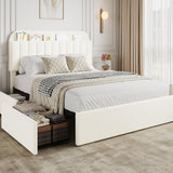 Garvee Full Size Boucle Upholstered Platform Bed Frame with Storage Headboard, Bookcase & 2 Drawers - Modern, Noise-Free, No Box Spring Needed, Bedroom Furniture - Full Size, Light beige shade - Off-White