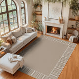 Garvee Striped Border Easy Jute Outdoor Rug 9x12 - Washable, Non-Slip, Polyester Linen-Style, Scratch & Stain Resistant, Patio & Living Room - Beige