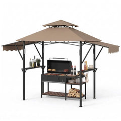 Garvee 8x5 ft Grill Gazebo with Adjustable Dual Awnings, 2-Tier Ventilated BBQ Shelter, Steel Frame, Shelves & LED Lights, Khaki, Backyard Garden - Khaki