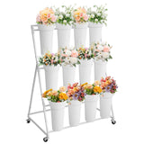 Garvee 3-Tier White Metal Flower Display Stand with 12 Removable Waterproof Buckets, Rolling Plant Rack – Multi-Layer Indoor Outdoor Flower Pot Holder for Florist, Garden, Patio, Wedding – Size: 90×55×120cm, Color: White - White