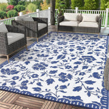 Garvee Outdoor Rug 5x8 Waterproof Reversible Floral Design Plastic Straw Foldable Patio Deck Balcony Beach Navy/White - Navy Blue & White