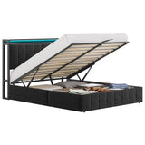 Garvee Lift-Up Storage Bed Frame with LED Lights & Charging Station, Button-Tufted Upholstered Headboard, Metal Platform, Wooden Slats, Noise-Free, No Box Spring Needed - Full Size, Black Flannel (including GRB LED/socket) - Black with Lights