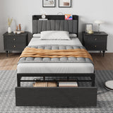 Garvee Industrial Twin Platform Bed Frame with Storage Headboard - Spacious Drawers - Built-in Charging Station with USB Ports - Black Relief Metal & Upholstered Headboard - No Box Spring Needed - Color: Black relief, Storage: as show, Power: T size, - 